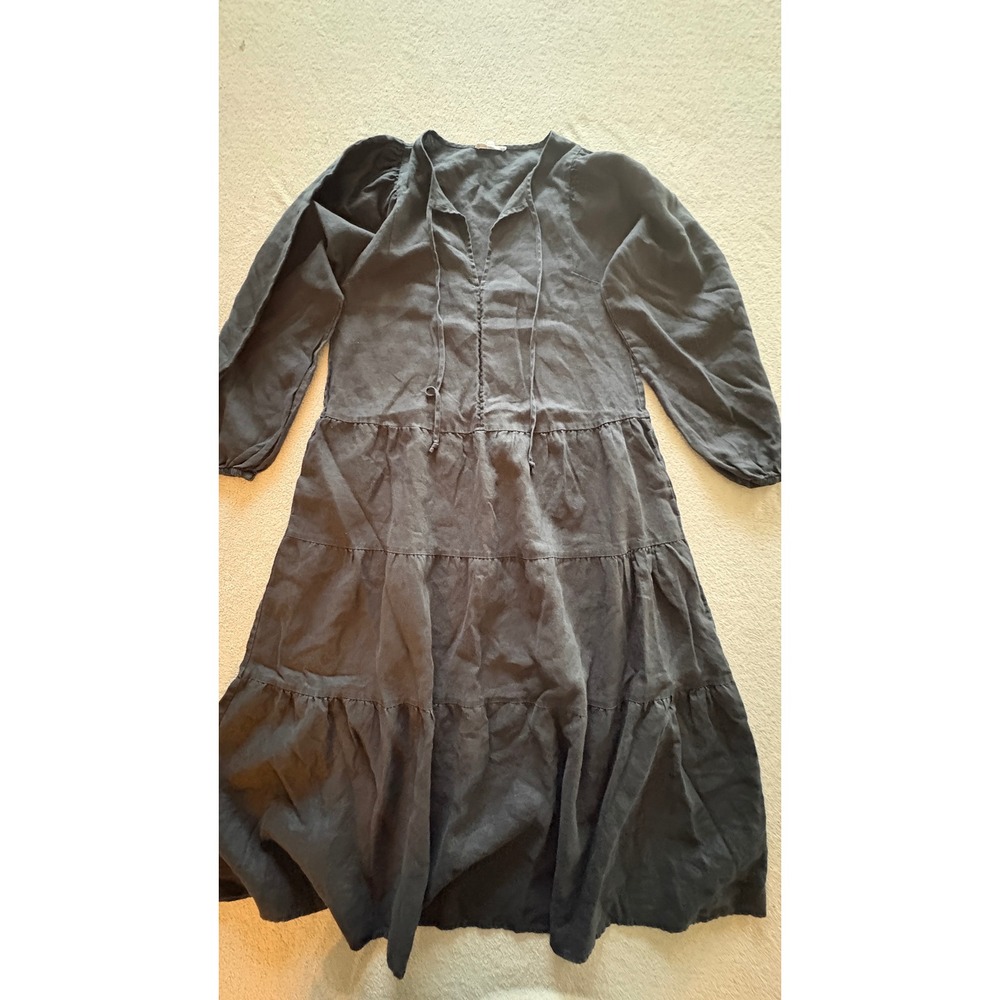 Little Lies Anthropologie Black Linen Tiered Midi Dress Long Sleeve V-Neck M